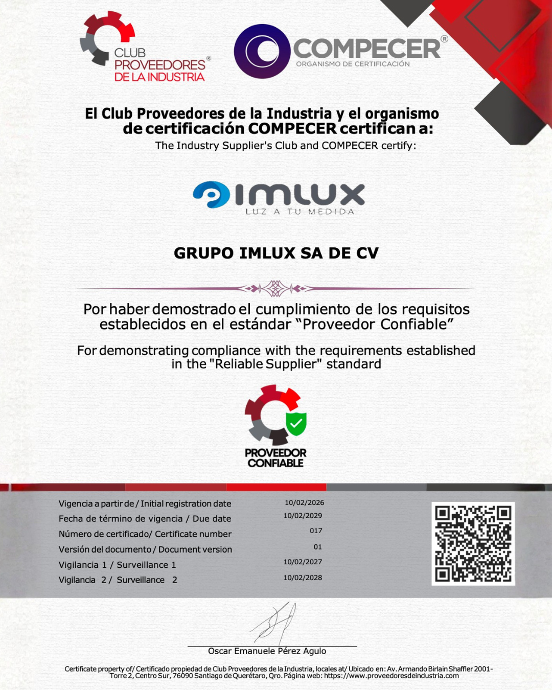 Certificado proveedor confiable